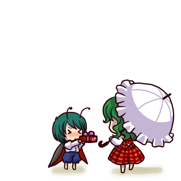 socha, kazami yuuka, wriggle nightbug, touhou, > <, 2girls, antennae, blush, cape, chibi, closed eyes, female focus, gift, holding, holding gift, multiple girls, plaid clothes, plaid skirt, plaid vest, shaded face, simple background, skirt, skirt set, valentine, vest, white background