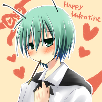 kajiyama, wriggle nightbug, touhou, bad id, bad pixiv id, lowres, 1girl, androgynous, antennae, blush, female focus, food, green eyes, green hair, happy valentine, heart, matching hair/eyes, pocky, reverse trap, solo, valentine