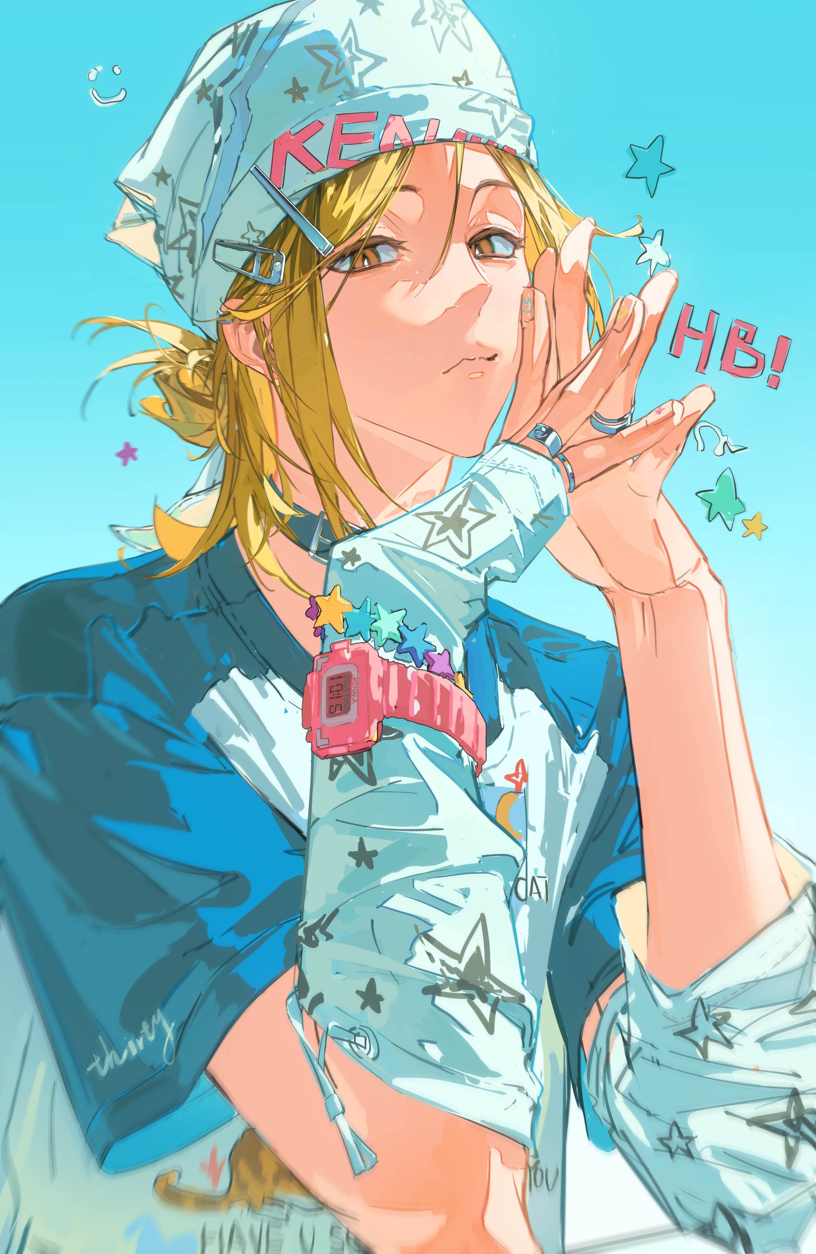 baozaohuang, kozume kenma, haikyuu!!, absurdres, highres, 1boy, alternate costume, black choker, black hair, blonde hair, blue shirt, brown eyes, choker, closed mouth, jewelry, looking at viewer, male focus, multicolored hair, multiple rings, nail polish, ring, shirt, short hair, slit pupils, solo, two-tone hair, watch, wristwatch