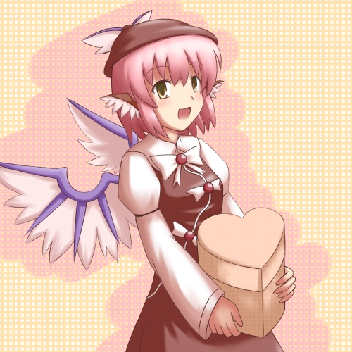 phantom2071, mystia lorelei, touhou, bad id, bad pixiv id, lowres, 1girl, animal ears, female focus, gift, hat, holding, holding gift, pink hair, solo, valentine, wings