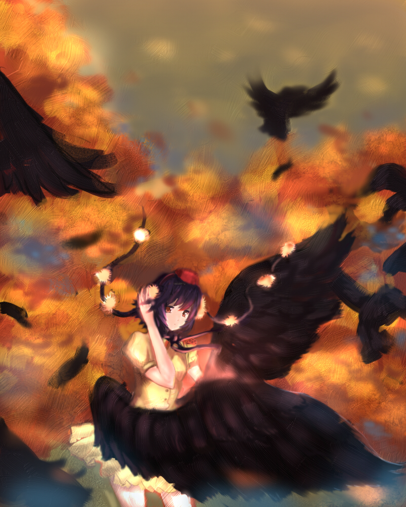akn, shameimaru aya, touhou, bad id, bad pixiv id, 1girl, bird, black hair, black wings, female focus, hat, outdoors, plant, short hair, solo, standing, tokin hat, tree, wings