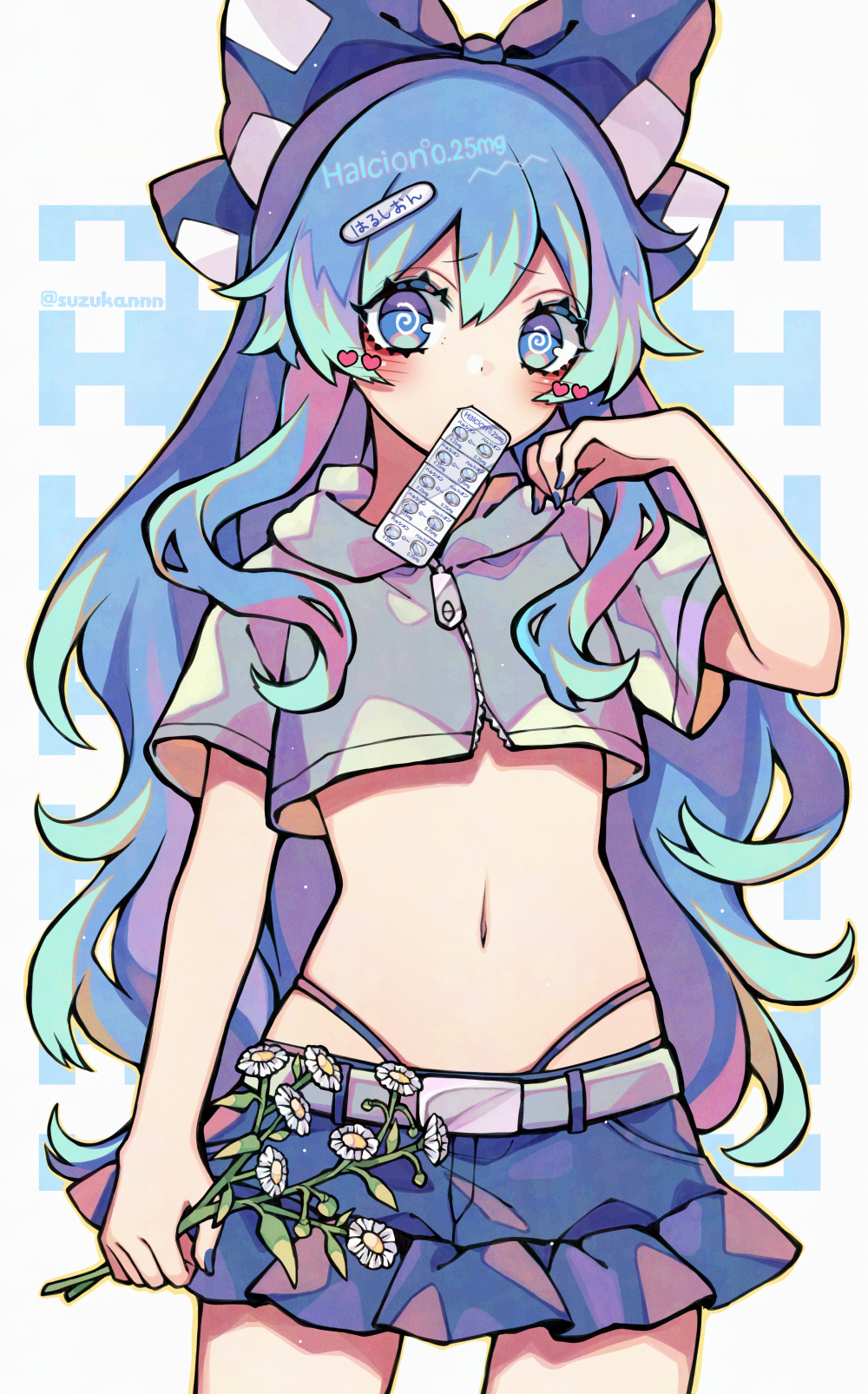 kyouda suzuka, yorigami shion, touhou, commentary, highres, 1girl, @ @, belt, blister pack, blue bow, blue eyes, blue hair, blue nails, blue panties, blue skirt, blush, bow, cowboy shot, crop top, cutout eyelashes, flower, grey shirt, hair bow, hand up, heart, highleg, highleg panties, holding, holding flower, long hair, looking at viewer, miniskirt, mouth hold, navel, panties, pill, shirt, skirt, solo, stomach, twitter username, underwear, very long hair, wavy hair, white flower