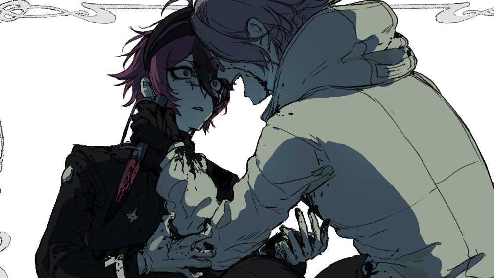 aotsuki eito, sumino takumi, the hundred line -last defense academy-, spoilers, 2boys, :d, ahoge, black gloves, black jacket, black streaks, blood, blood on clothes, blood on face, bloody knife, blue eyes, evil smile, face-to-face, gakuran, glasses, gloves, grey hair, headgear, holding, holding knife, holding weapon, hood, hooded jacket, jacket, knife, last defense academy school uniform, looking at another, male focus, multicolored hair, multiple boys, open mouth, r314dor, red hair, school uniform, short hair, smile, streaked hair, weapon, white background, white gloves, white jacket, wide-eyed
