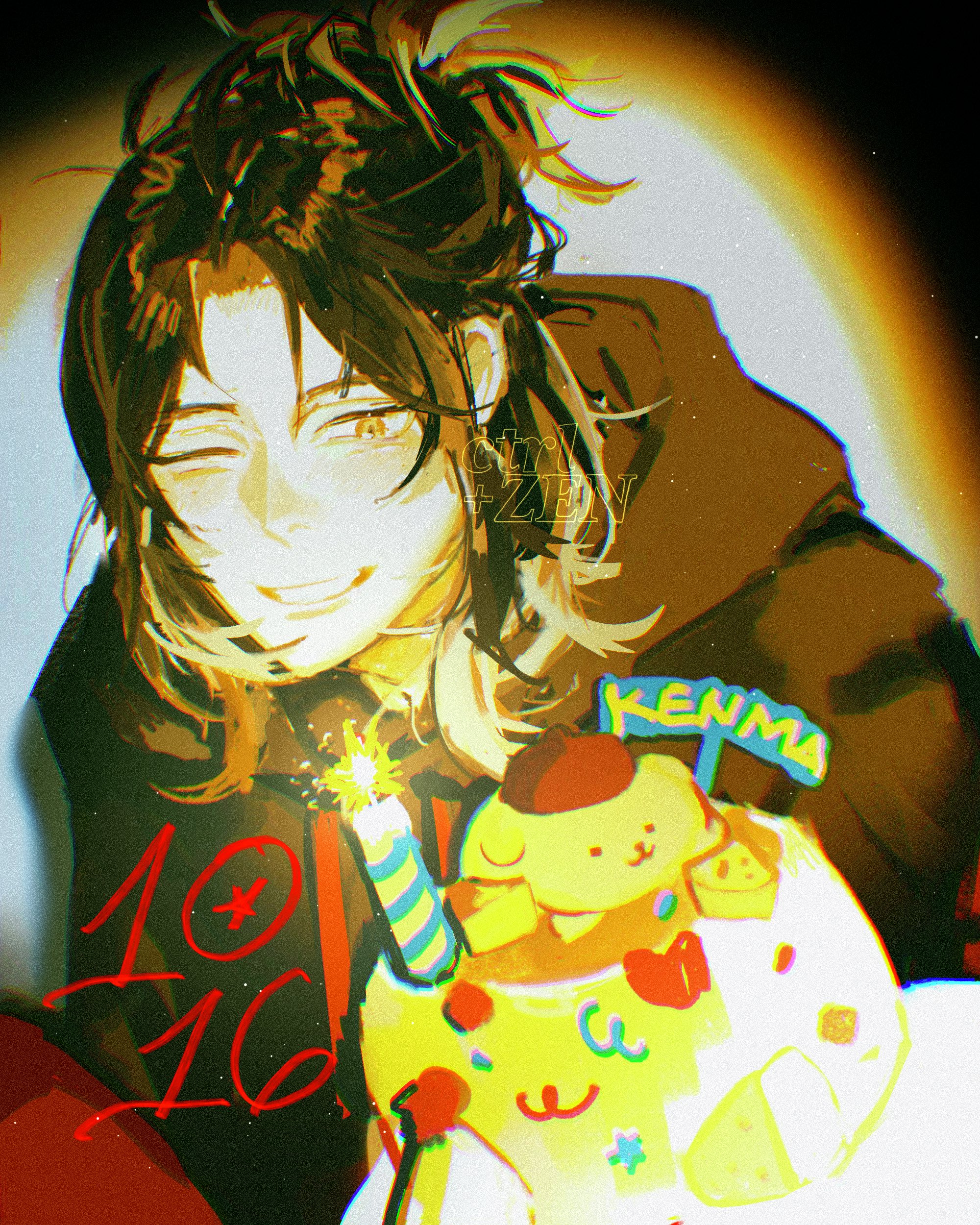 ctrl zen, kozume kenma, haikyuu!!, absurdres, highres, 1boy, artist name, birthday, birthday cake, black hair, black hoodie, blonde hair, cake, character name, food, grin, happy, hood, hoodie, male focus, medium hair, multicolored hair, one eye closed, smile, solo, two-tone hair, yellow eyes