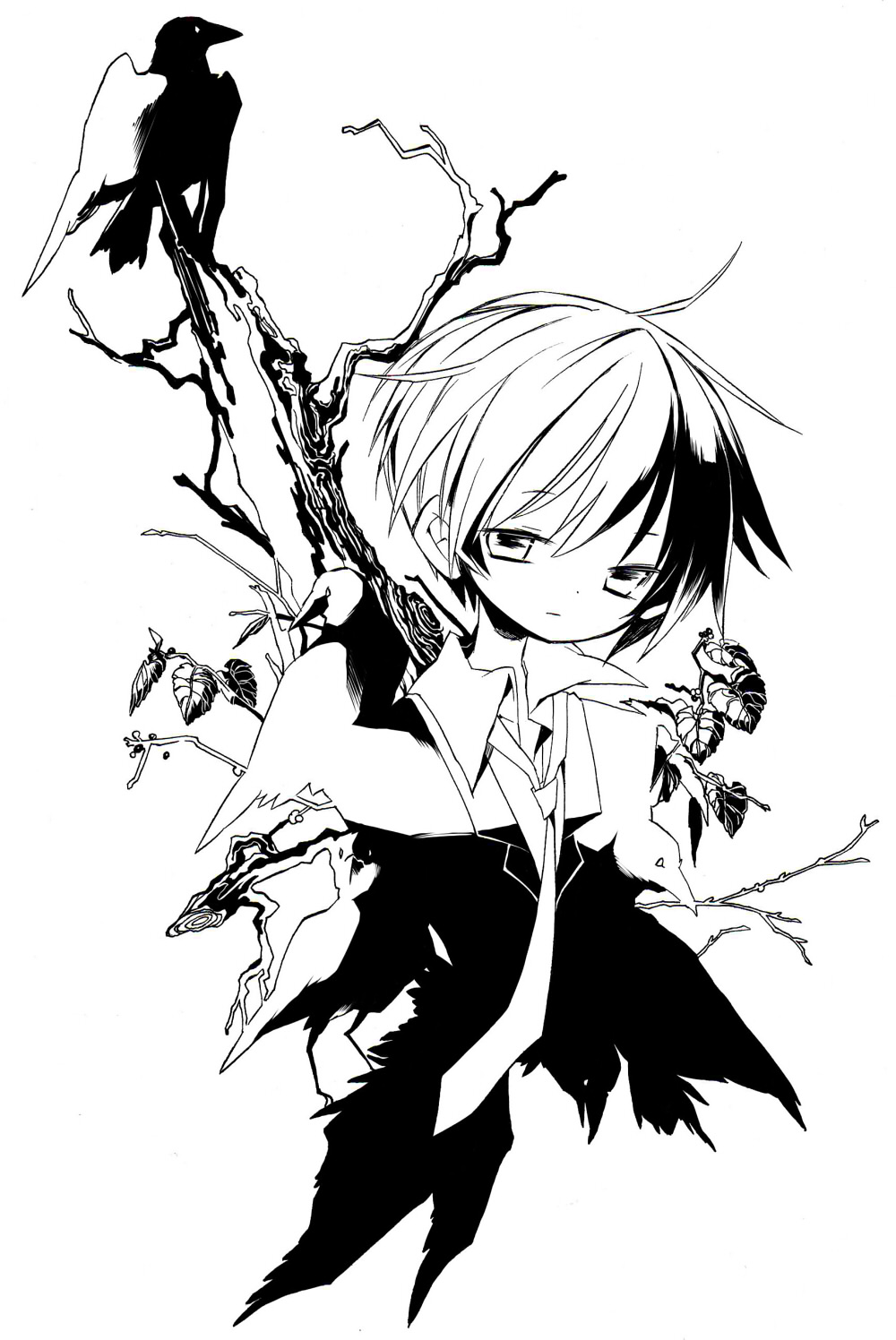 akisame kou, bad id, bad pixiv id, highres, 1boy, bird, chibi, greyscale, male focus, monochrome, necktie, plant, short hair, solo, white background