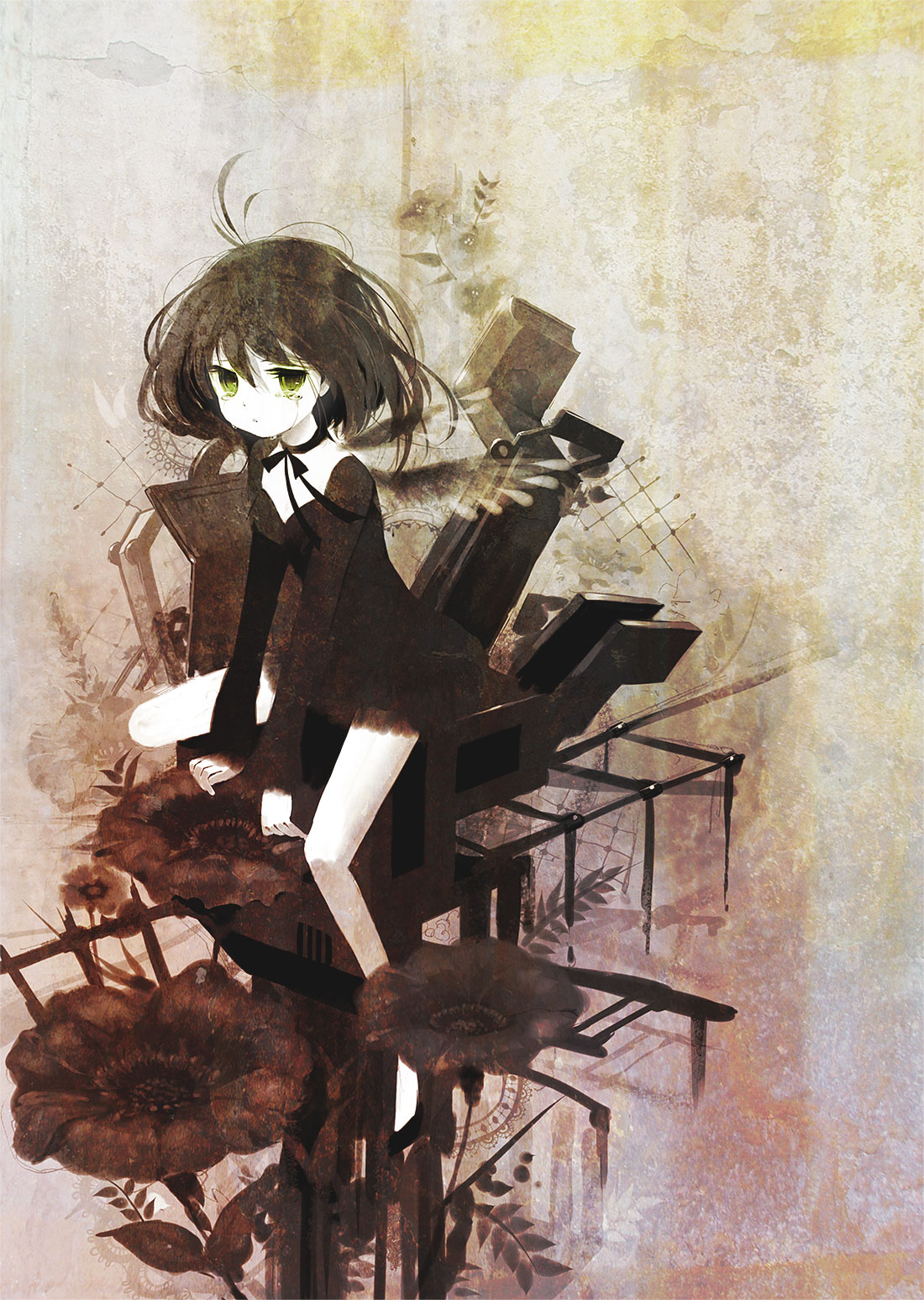 mirusa, highres, black dress, black hair, black wings, choker, dress, flower, green eyes, ribbon, short hair, tears, wings