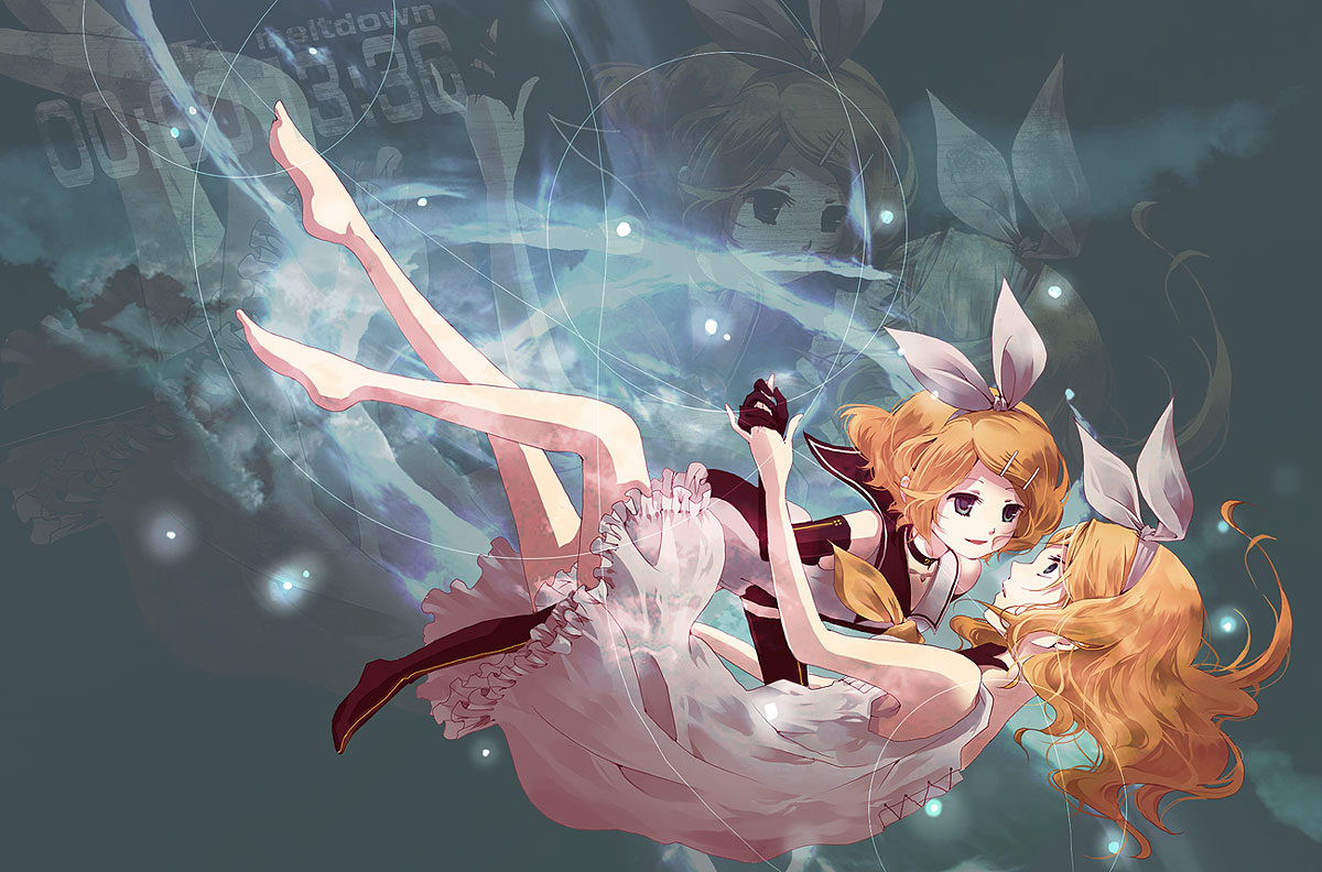 mirusa, kagamine rin, kagamine rin (roshin yuukai), roshin yuukai (vocaloid), vocaloid, 2girls, barefoot, blonde hair, blue eyes, boots, choker, detached sleeves, dress, feet, hair ornament, hair ribbon, hairclip, lingerie, multiple girls, nightgown, petticoat, ribbon, sailor dress, thigh boots, thighhighs, underwear