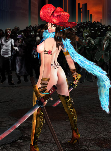 aya (oneechanbara), oneechanbara, 1girl, 3d, ass, back tattoo, boots, breasts, cowboy western, large breasts, sideboob, sword, tattoo, thighhighs, tramp stamp, weapon, zombie