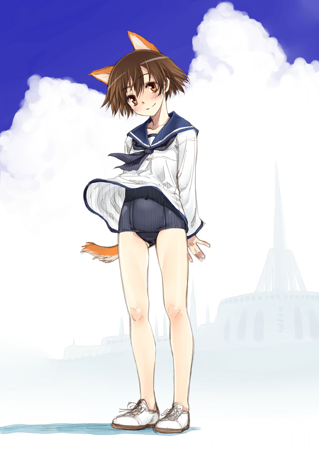 satou atsuki, miyafuji yoshika, strike witches, world witches series, highres, 00s, 1girl, animal ears, black one-piece swimsuit, brown eyes, brown hair, female focus, no pants, one-piece swimsuit, outdoors, school swimsuit, school uniform, short hair, sketch, sky, solo, swimsuit, swimsuit under clothes, tail