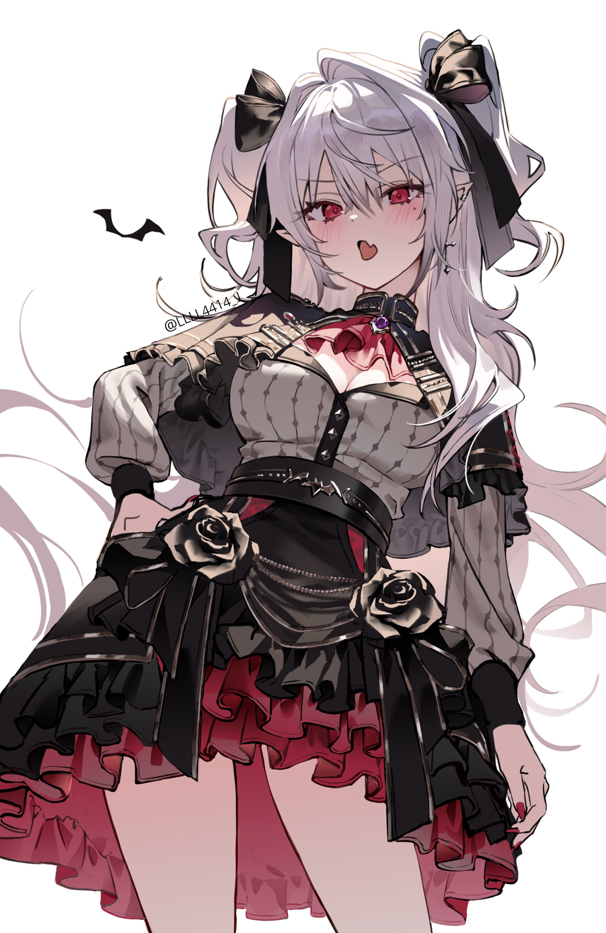 q (llll4414 j), sanya (kuzuha), nijisanji, highres, 1girl, ascot, black capelet, black skirt, blush, bow, breasts, capelet, cleavage, cowboy shot, fang, genderswap, genderswap (mtf), grey hair, hair bow, hand on own hip, layered skirt, long hair, long sleeves, mole, mole under eye, nail polish, pointy ears, red ascot, red eyes, red skirt, simple background, skin fang, skirt, solo, two side up, virtual youtuber, white background