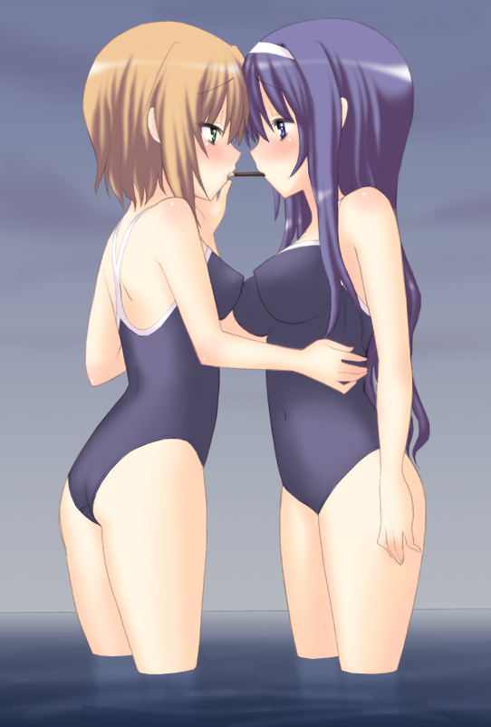 saki chisuzu, arisa bunnings, tsukimura suzuka, lyrical nanoha, mahou shoujo lyrical nanoha, 00s, 2girls, black one-piece swimsuit, multiple girls, one-piece swimsuit, school swimsuit, swimsuit, yuri