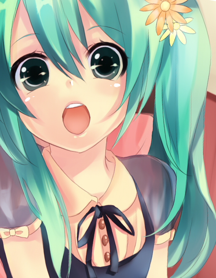 momongatarosu, hatsune miku, vocaloid, bad id, bad pixiv id, :o, aqua eyes, aqua hair, dress, flower, ribbon, solo