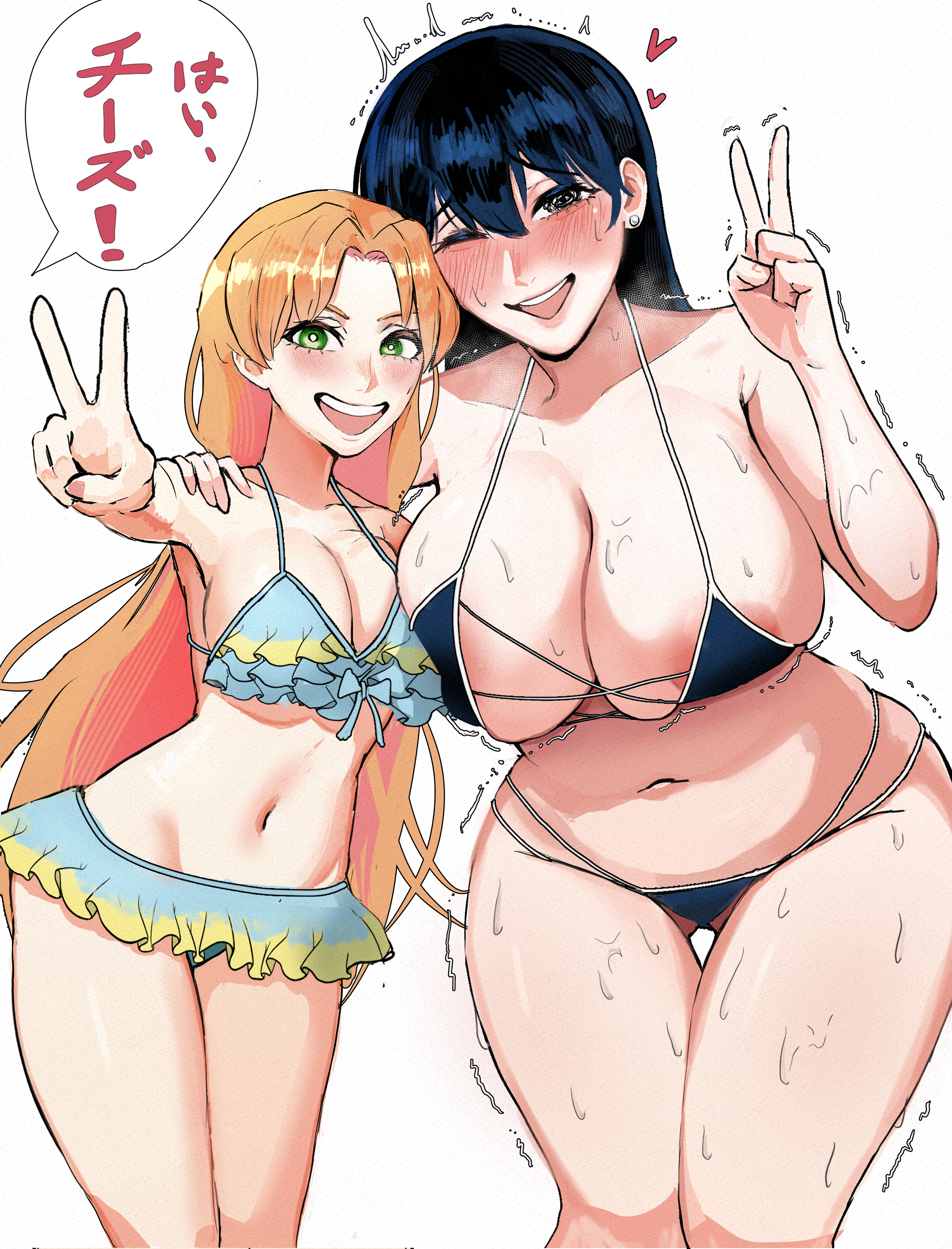 arato nagi, tanigawa ruri, ruri no houseki, absurdres, commentary request, highres, translation request, 2girls, alternate breast size (larger), areola slip, bikini, black bikini, black hair, blue bikini, blush, breasts, cleavage, green eyes, hand on another's shoulder, heart, huge breasts, implied fingering, kisa11419985316, long hair, multiple girls, navel, one eye closed, open mouth, orange hair, simple background, smile, speech bubble, sweat, swimsuit, trembling, v, white background, yuri