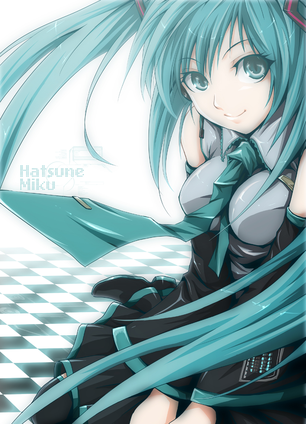 futami kito, hatsune miku, vocaloid, highres, 1girl, aqua eyes, aqua hair, character name, checkered floor, detached sleeves, female focus, long hair, necktie, skirt, solo, square-end necktie, thighhighs, twintails