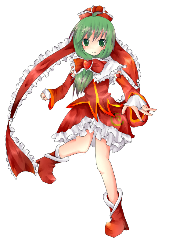 shain roki, kagiyama hina, touhou, bad id, bad pixiv id, 1girl, blush, bow, dress, female focus, frills, front ponytail, gathers, green eyes, green hair, matching hair/eyes, pigeon-toed, red theme, ribbon, simple background, smile, solo, standing, standing on one leg, white background