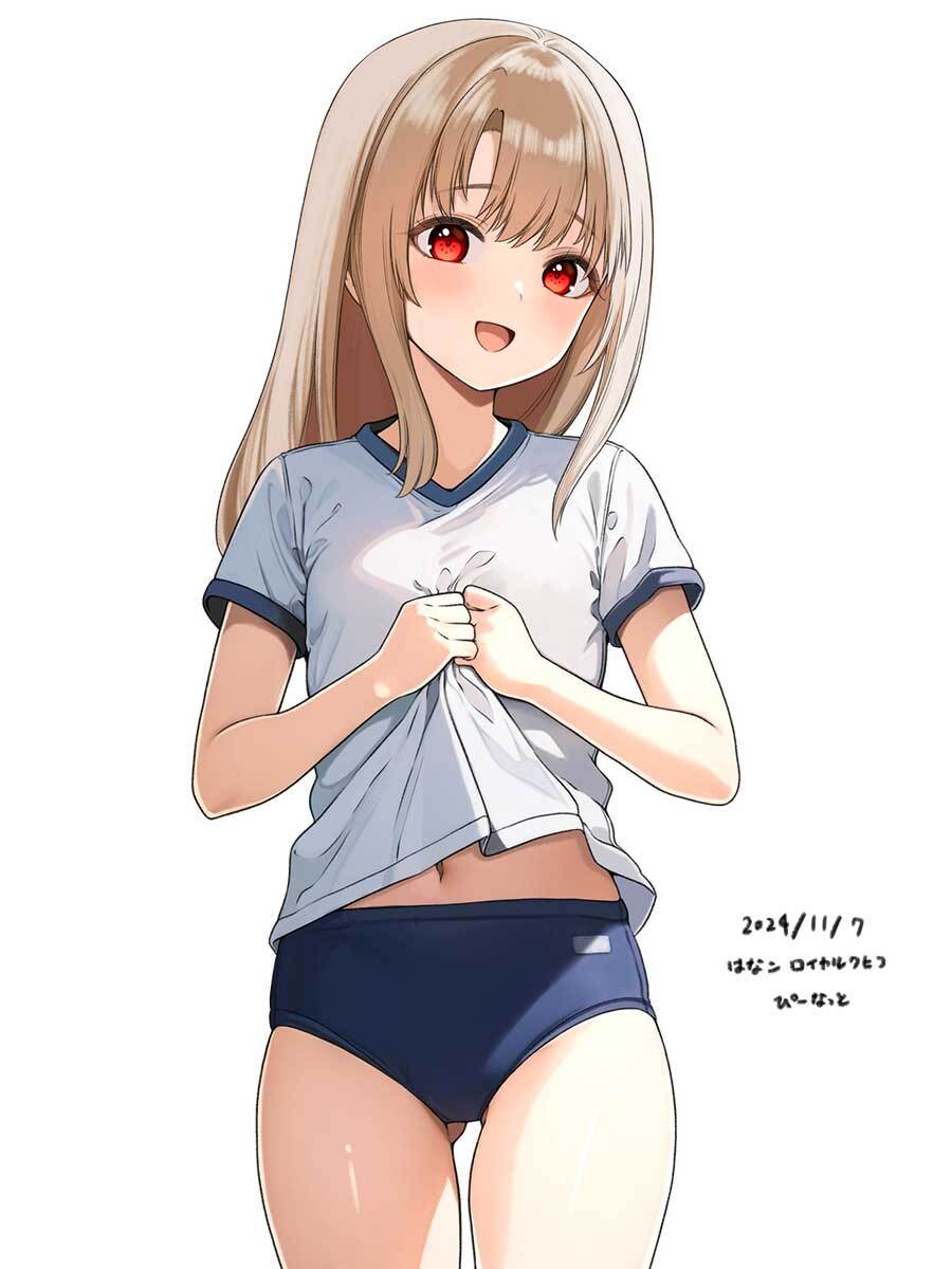 hanako (peanut), illyasviel von einzbern, fate/grand order, fate/kaleid liner prisma illya, fate (series), highres, 1girl, blonde hair, blue buruma, buruma, cowboy shot, dated, gym shirt, gym uniform, long hair, looking at viewer, navel, red eyes, shirt, simple background, solo, standing, t-shirt, white background, white shirt