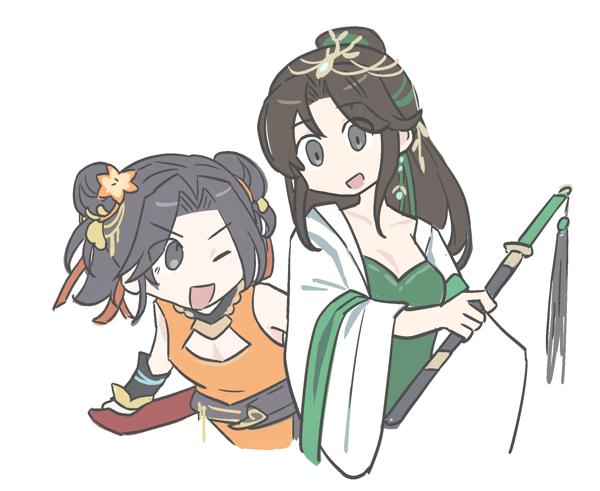 highres, 2girls, azkore, chinese clothes, hanfu, looking at another, multiple girls, shangguan hong, sima ling, sword, sword knot, upper body, wandering sword, weapon, white background