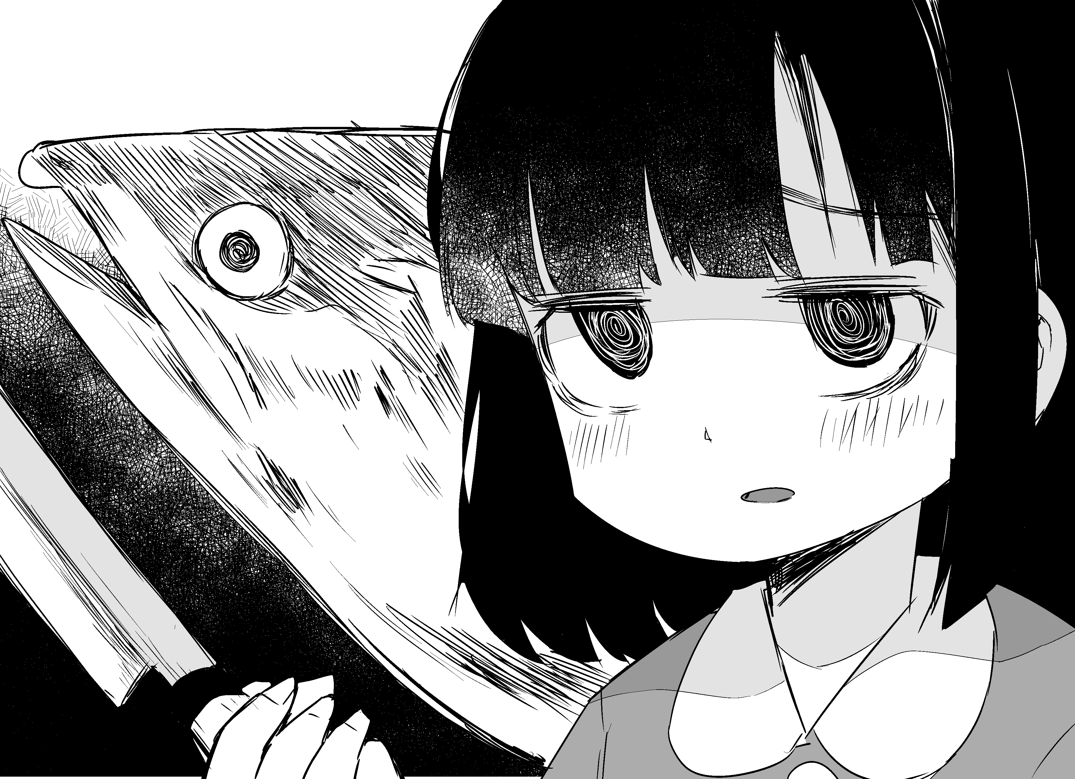 ushiro hayahiro, original, absurdres, highres, 1girl, blunt bangs, blush, fish, green dress girl (warautokui), greyscale, kitchen knife, knife, looking at viewer, monochrome, salmon, sidelocks, solo, yandere