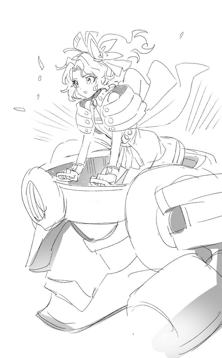 dede (qwea 00000), lagann, nia teppelin, tina branford, final fantasy, final fantasy vi, tengen toppa gurren lagann, highres, 1girl, bracelet, breasts, cape, cosplay, dress, greyscale, hair ribbon, jewelry, long hair, mecha, medium breasts, monochrome, necktie, nia teppelin (cosplay), parted bangs, parted lips, ponytail, ribbon, robot, short dress, sketch, voice actor connection, wavy hair, white background