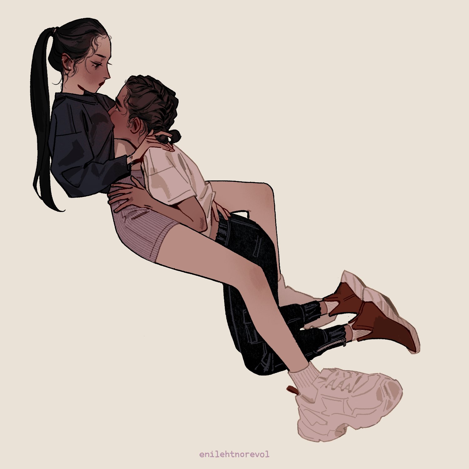 enilehtnorevol, feng xin, mu qing (tianguan cifu), tianguan cifu, highres, 2girls, alternate costume, alternate design, alternate hairstyle, ankle socks, artist name, asian, black eyes, black hair, black pants, black sweater, blush, bracelet, brown hair, closed mouth, clothes lift, ear piercing, earrings, eye contact, genderswap, genderswap (mtf), grey shorts, hair pulled back, hand on another's back, hand on another's hip, hand on another's shoulder, head on chest, high-waist shorts, invisible chair, jewelry, kneeling, long hair, looking at another, low twintails, midriff peek, multiple girls, pants, piercing, ponytail, red shoes, shirt, shoes, short hair, short twintails, shorts, simple background, sitting, socks, streetwear, striped clothes, striped shorts, stud earrings, sweater, sweater lift, t-shirt, tan, thick eyebrows, track pants, twintails, vertical-striped clothes, vertical-striped shorts, white background, white shirt, white shoes, white socks, yuri