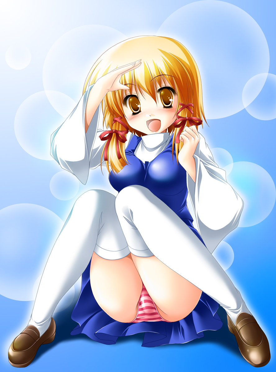 kamiya tomoe, moriya suwako, touhou, highres, 1girl, blonde hair, breasts, female focus, full body, gradient background, hair ribbon, open mouth, panties, ribbon, shoes, sitting, skirt, smile, solo, striped clothes, striped panties, thighhighs, underwear, yellow eyes