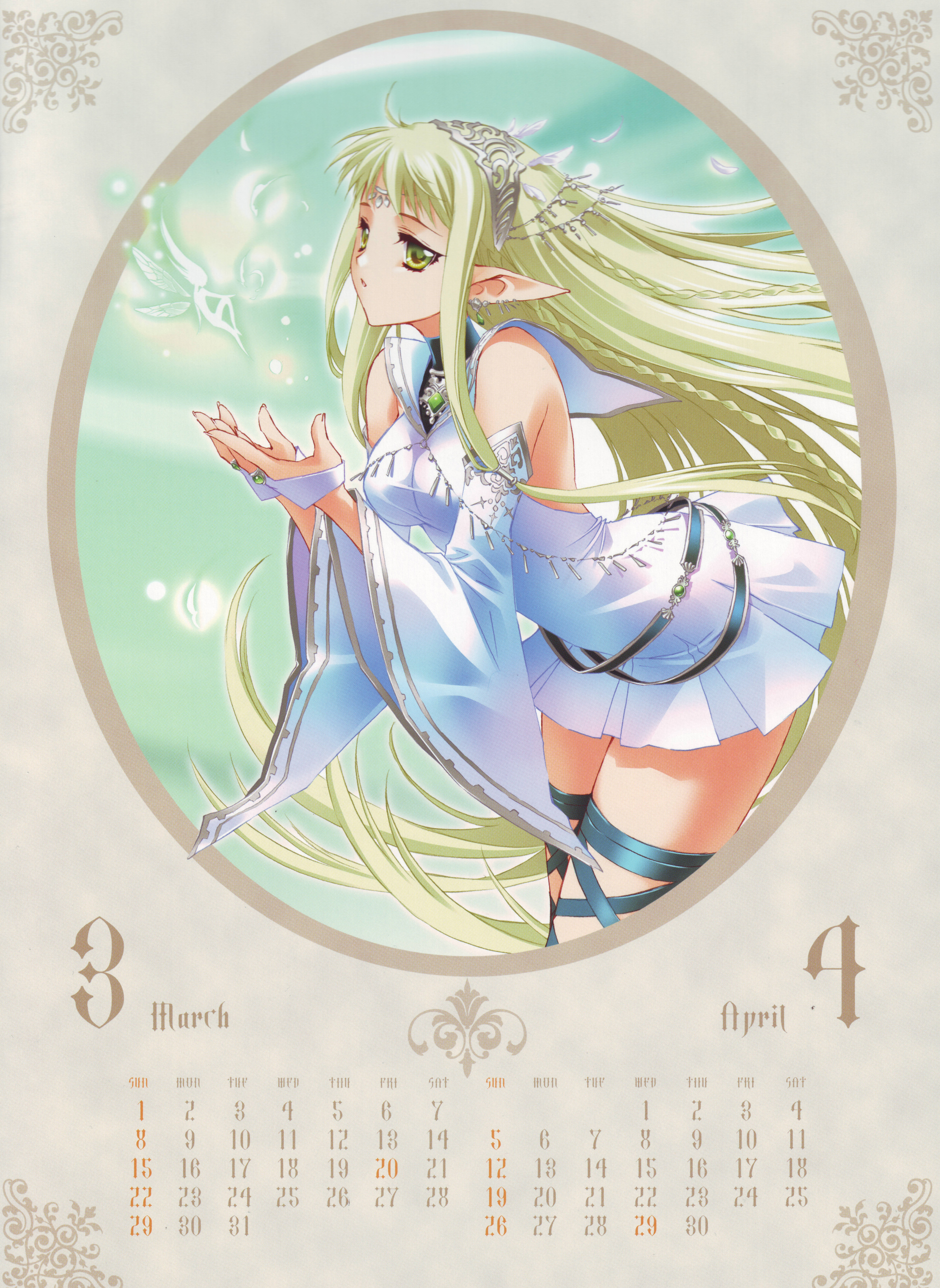 carnelian, absurdres, highres, scan, 00s, 1girl, 2009, april, blonde hair, braid, calendar, cupping hands, detached sleeves, earrings, elf, female focus, green eyes, jewelry, long hair, march, own hands together, pointy ears, solo