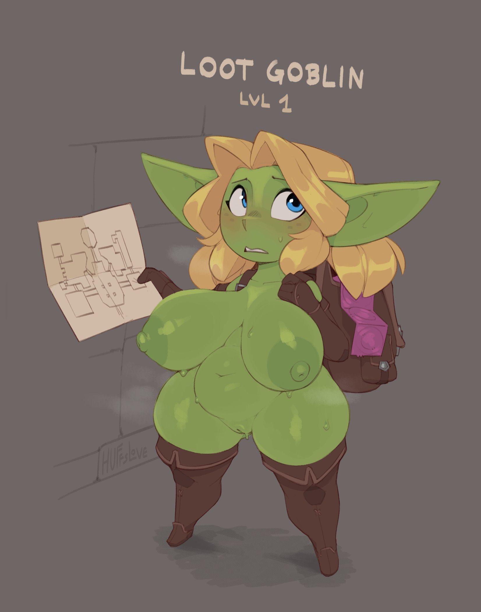 huffslove, original, highres, backpack, bag, blonde hair, blue eyes, boots, breasts, colored skin, condom, condom packet strip, condom wrapper, elbow gloves, female goblin, full body, gloves, goblin, green skin, huge breasts, map, medium hair, nipples, nude, plump, pussy, shortstack, standing, syllia (huffslove), thigh boots, wide hips