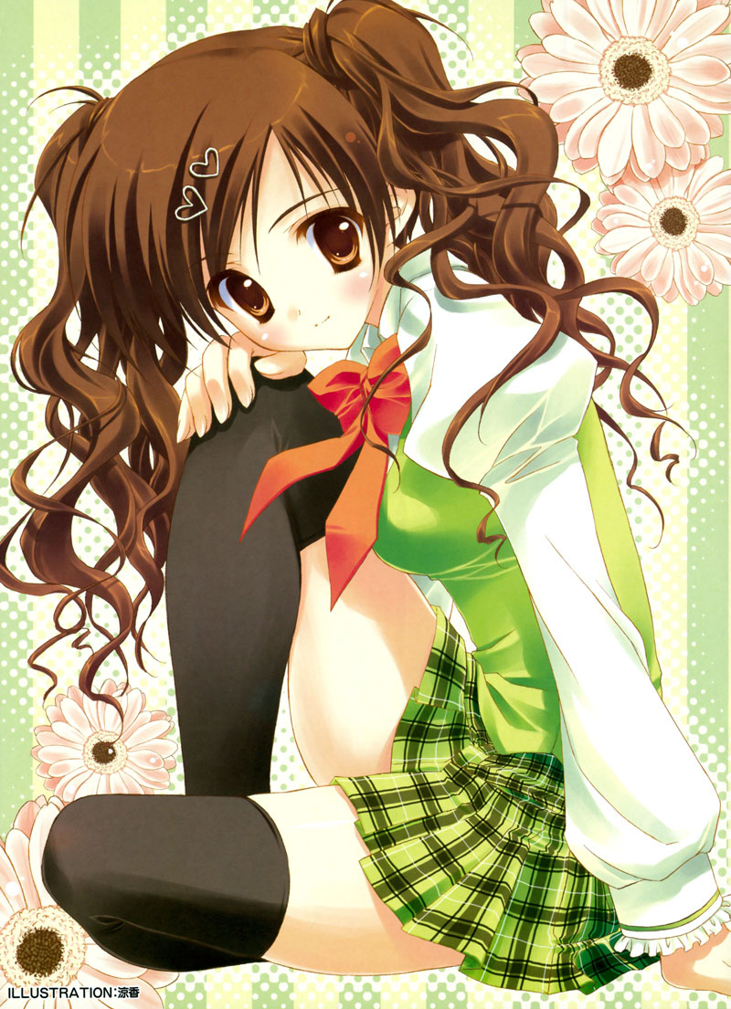 ryouka (suzuya), 1girl, black thighhighs, brown eyes, brown hair, closed mouth, curly hair, dot nose, english text, female focus, flower, hair ornament, hairclip, long hair, school uniform, sitting, solo, thighhighs, twintails