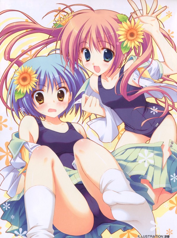 ryouka (suzuya), 2girls, blue hair, blush, feet, flower, hair flower, hair ornament, multiple girls, one-piece swimsuit, open mouth, pink hair, school swimsuit, school uniform, socks, sunflower, swimsuit, swimsuit under clothes, twintails, undressing
