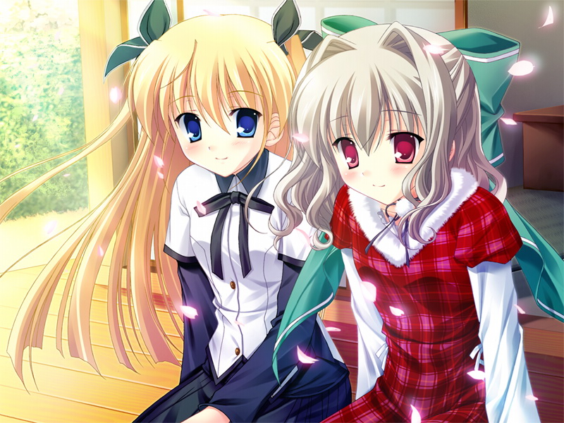 tanihara natsuki, aisia, yoshino sakura, da capo, da capo ii, silver hair, game cg, 00s, 2girls, blonde hair, blue eyes, blush, bow, long hair, multiple girls, petals, pink eyes, short hair, twintails