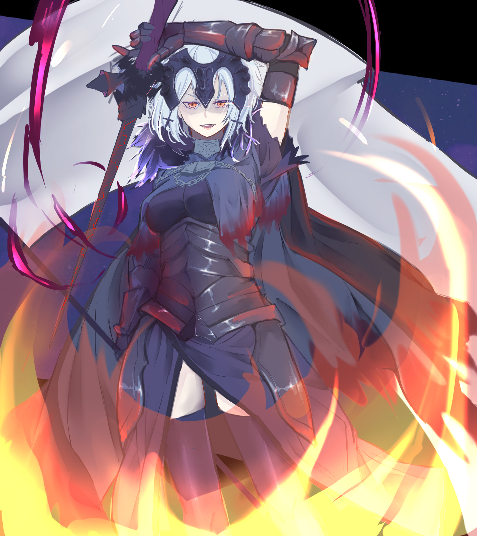 kanaria (bcomn), jeanne d'arc alter (avenger) (fate), jeanne d'arc alter (avenger) (first ascension) (fate), jeanne d'arc alter (fate), fate/grand order, fate (series), commentary request, highres, 1girl, armor, armored dress, black cloak, black dress, chain, cloak, dress, evil smile, fire, fur-trimmed cloak, fur trim, headpiece, holding, holding polearm, holding weapon, looking at viewer, open mouth, plackart, polearm, short hair, smile, solo, weapon, white hair, yellow eyes
