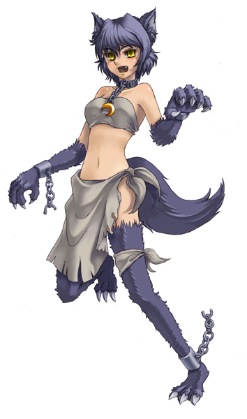 kenkou cross, werewolf (monster girl encyclopedia), monster girl encyclopedia, animal ears, bandeau bikini, blue hair, chain, collar, dog, dog ears, fangs, midriff, monster girl, werewolf, wolf, wolf ears