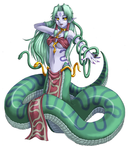 kenkou cross, echidna (monster girl encyclopedia), monster girl encyclopedia, 1girl, armpits, breasts, cleavage, colored skin, facial mark, female focus, fingernails, forehead mark, gold, green hair, grey skin, jewelry, lamia, large breasts, long fingernails, long hair, looking at viewer, midriff, monster girl, navel, pelvic curtain, pointy ears, slit pupils, smile, snake hair, solo, underboob, yellow eyes