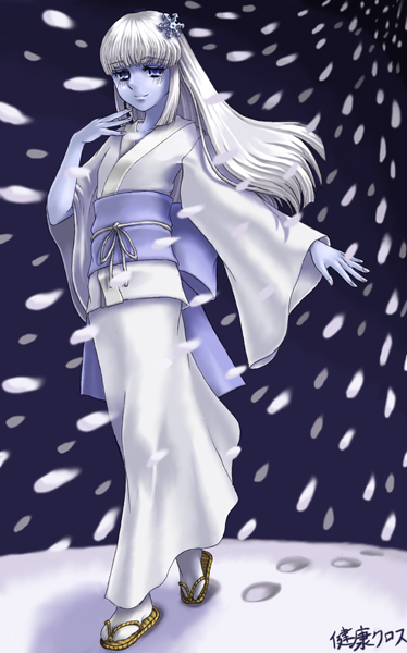 kenkou cross, yuki-onna (monster girl encyclopedia), monster girl encyclopedia, blue eyes, blue skin, colored skin, japanese clothes, kimono, monster girl, snow, traditional youkai, white hair, yuki onna