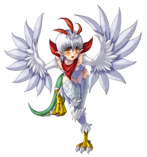 kenkou cross, cockatrice (monster girl encyclopedia), monster girl encyclopedia, lowres, cockatrice, feathers, monster girl, scale, tail, talons, white hair, wings, yellow eyes