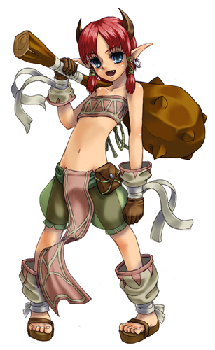 kenkou cross, goblin (monster girl encyclopedia), monster girl encyclopedia, lowres, 1girl, :d, blue eyes, club (weapon), earrings, fang, female focus, female goblin, flat chest, goblin, hoop earrings, horns, jewelry, midriff, monster girl, navel, open mouth, pointy ears, puffy pants, red hair, see-through clothes, simple background, single horn, smile, solo, standing, twintails, weapon, white background