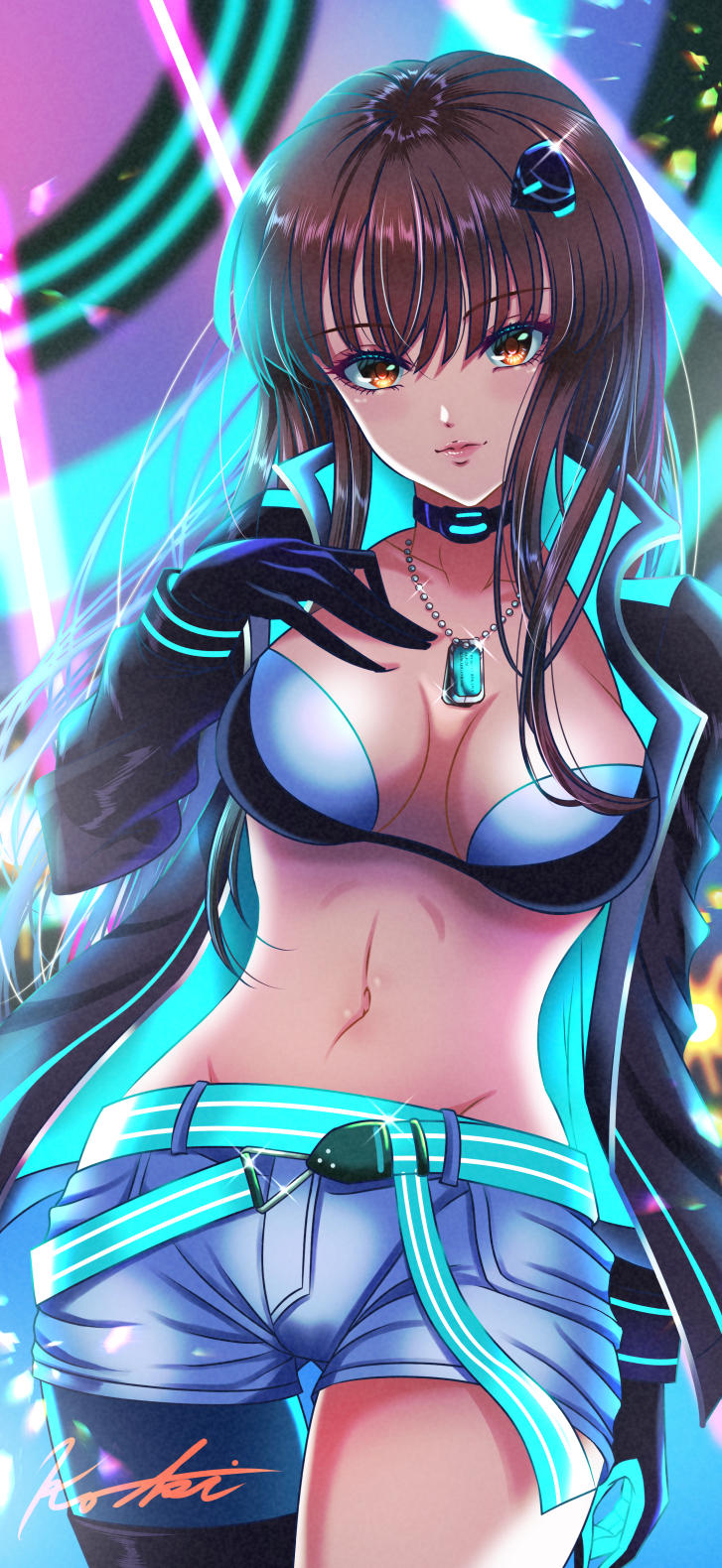 koya (koya x 00), kurokawa chiaki, idolmaster, idolmaster cinderella girls, highres, 1girl, bare shoulders, black hair, breasts, dance on the galaxy (idolmaster), hime cut, long hair, midriff, navel, very long hair