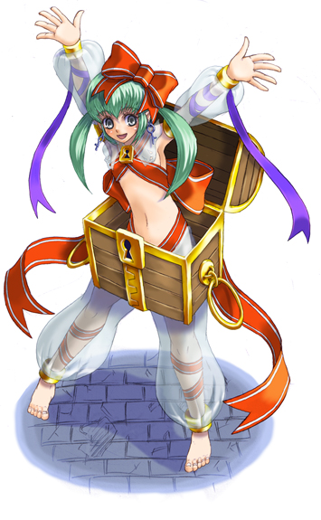 kenkou cross, mimic (monster girl encyclopedia), mimic chest, monster girl encyclopedia, official art, 1girl, anklet, barefoot, bow, box, flat chest, green hair, harem pants, in box, in container, jewelry, midriff, mimic, monster girl, pants, petite, ribbon, simple background, surprised, trap, treasure chest, white background