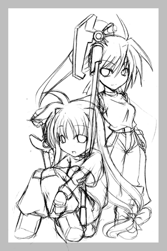hagane soushi, bardiche (assault form) (nanoha), bardiche (nanoha), fate testarossa, signum, lyrical nanoha, mahou shoujo lyrical nanoha, mahou shoujo lyrical nanoha strikers, lowres, 00s, chibi, greyscale, long hair, monochrome, ponytail, sketch, very long hair
