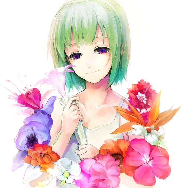 pos (shiratama-ya), otonashi kotori, idolmaster, idolmaster (classic), idolmaster 1, flower request, 00s, 1girl, aqua hair, bob cut, closed mouth, collarbone, female focus, flower, gradient hair, head tilt, holding, holding flower, looking at viewer, mole, mole under mouth, multicolored hair, purple eyes, simple background, sleeveless, smile, solo, upper body, white background