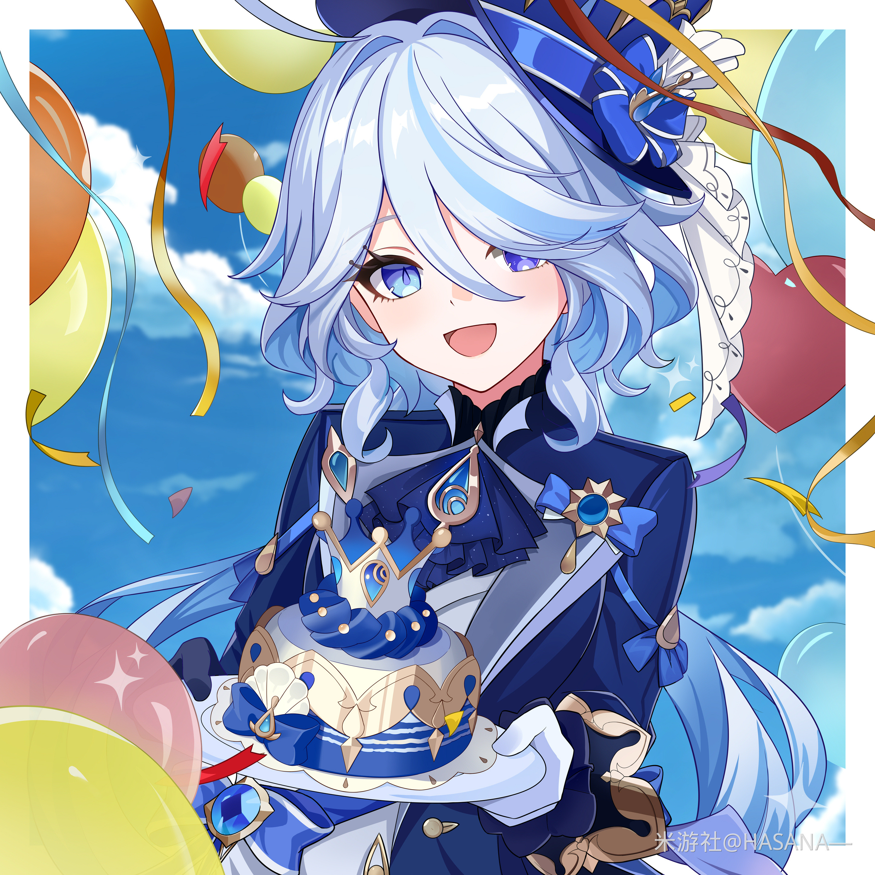 hasana, furina (genshin impact), genshin impact, absurdres, highres, 1girl, :d, balloon, blue eyes, blue hair, blue jacket, blue sky, border, bow, brooch, cake, cloud, day, drop-shaped pupils, food, frills, gloves, hair between eyes, hair over one eye, hat, heterochromia, holding, holding plate, jacket, jewelry, long hair, long sleeves, looking at viewer, miyoushe watermark, multicolored hair, open mouth, plate, ribbon, shirt, sky, smile, solo, symbol-shaped pupils, upper body, watermark, white gloves, white hair