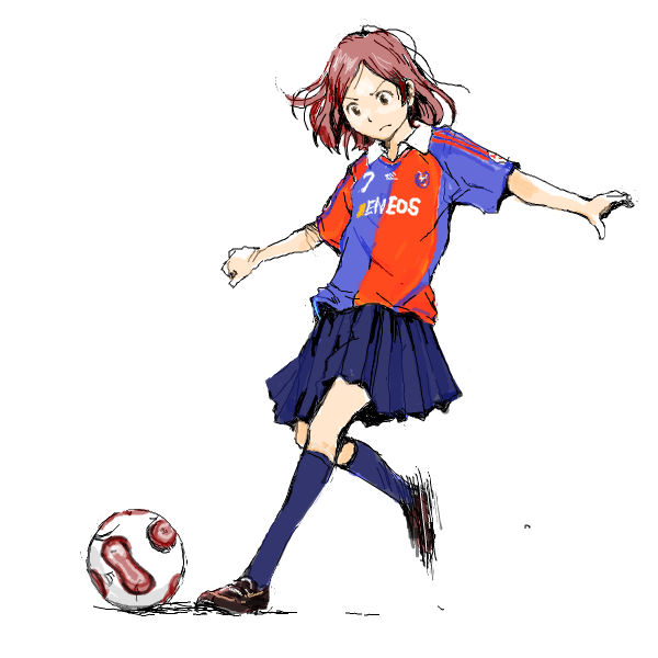 tamaoki benkyou, 2006 fifa world cup, fc tokyo, j. league, world cup, bad id, bad pixiv id, 1girl, ball, brown hair, clothes writing, female focus, kneehighs, playing sports, short hair, skirt, soccer, soccer ball, socks, solo, sportswear, teamgeist