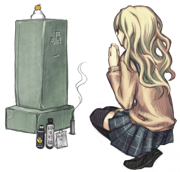 shouichi, bad id, bad pixiv id, 1girl, blonde hair, female focus, grave, incense, plaid clothes, plaid skirt, praying, school uniform, serafuku, skirt, solo, thighhighs