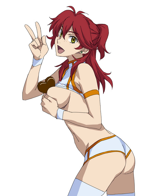 kizaki, nena trinity, gundam, gundam 00, 00s, 1girl, breasts, clothes lift, covering breasts, covering privates, earrings, female focus, freckles, green eyes, jewelry, large breasts, midriff, red hair, shirt lift, sideboob, solo, thighhighs, v, valentine
