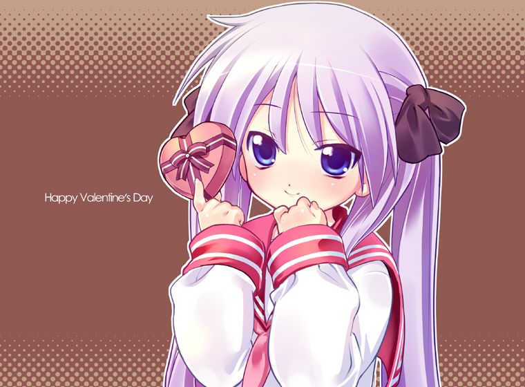 ashishun, hiiragi kagami, lucky star, 00s, 1girl, closed mouth, dot nose, english text, female focus, happy valentine, purple eyes, purple hair, school uniform, serafuku, smile, solo, twintails, valentine