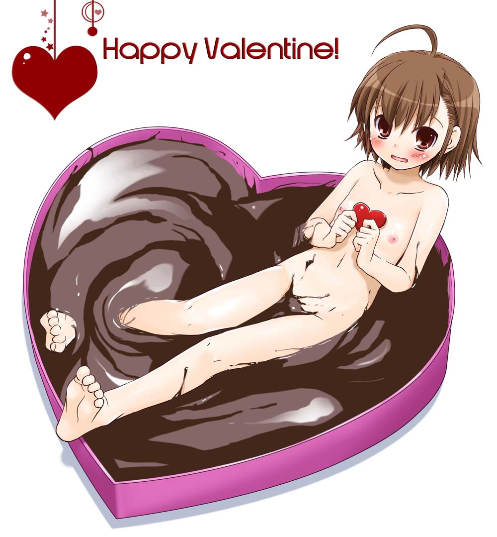 nakajima yuka, last order (toaru majutsu no index), toaru majutsu no index, 00s, 1girl, ahoge, barefoot, blush, brown eyes, brown hair, censored, chocolate, completely nude, convenient censoring, feet, female focus, flat chest, food, happy valentine, heart, in food, loli, naked chocolate, navel, nipples, nude, open mouth, short hair, soles, solo, thigh gap, thighs, toes, valentine