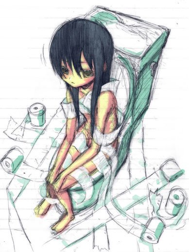 shouichi, original, bad id, bad pixiv id, 1girl, barefoot, black hair, entangled, female focus, green eyes, loli, long hair, sketch, solo, toilet, toilet paper, unlikely accident