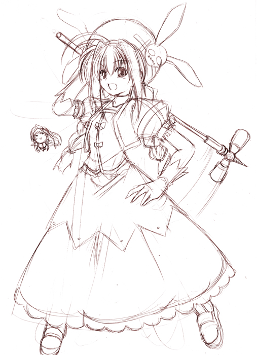 hagane soushi, graf eisen, reinforce zwei, vita (nanoha), lyrical nanoha, mahou shoujo lyrical nanoha, mahou shoujo lyrical nanoha a's, 00s, 2girls, braid, brown theme, chibi, gloves, hat, long hair, magical girl, mini person, minigirl, monochrome, multiple girls, sketch, twin braids, twintails
