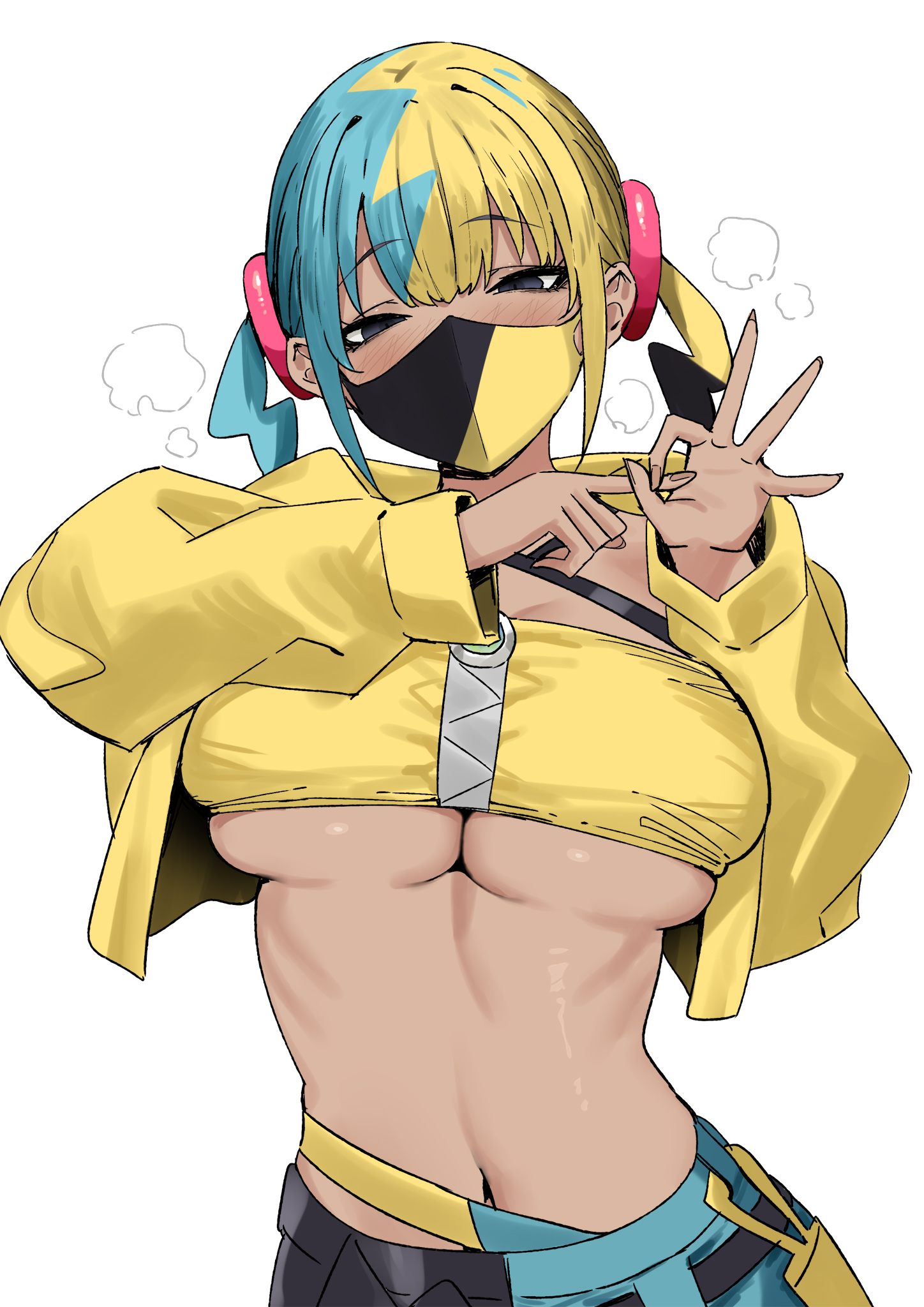 sky-freedom, canari (pokemon legends: z-a), nintendo, pokemon, pokemon legends: z-a, commentary request, highres, 1girl, black eyes, black mask, blonde hair, blue hair, breasts, jacket, large breasts, long sleeves, looking at viewer, mask, mouth mask, multicolored hair, penetration gesture, simple background, solo, twintails, two-tone hair, two-tone mask, underboob, white background, yellow jacket, yellow mask