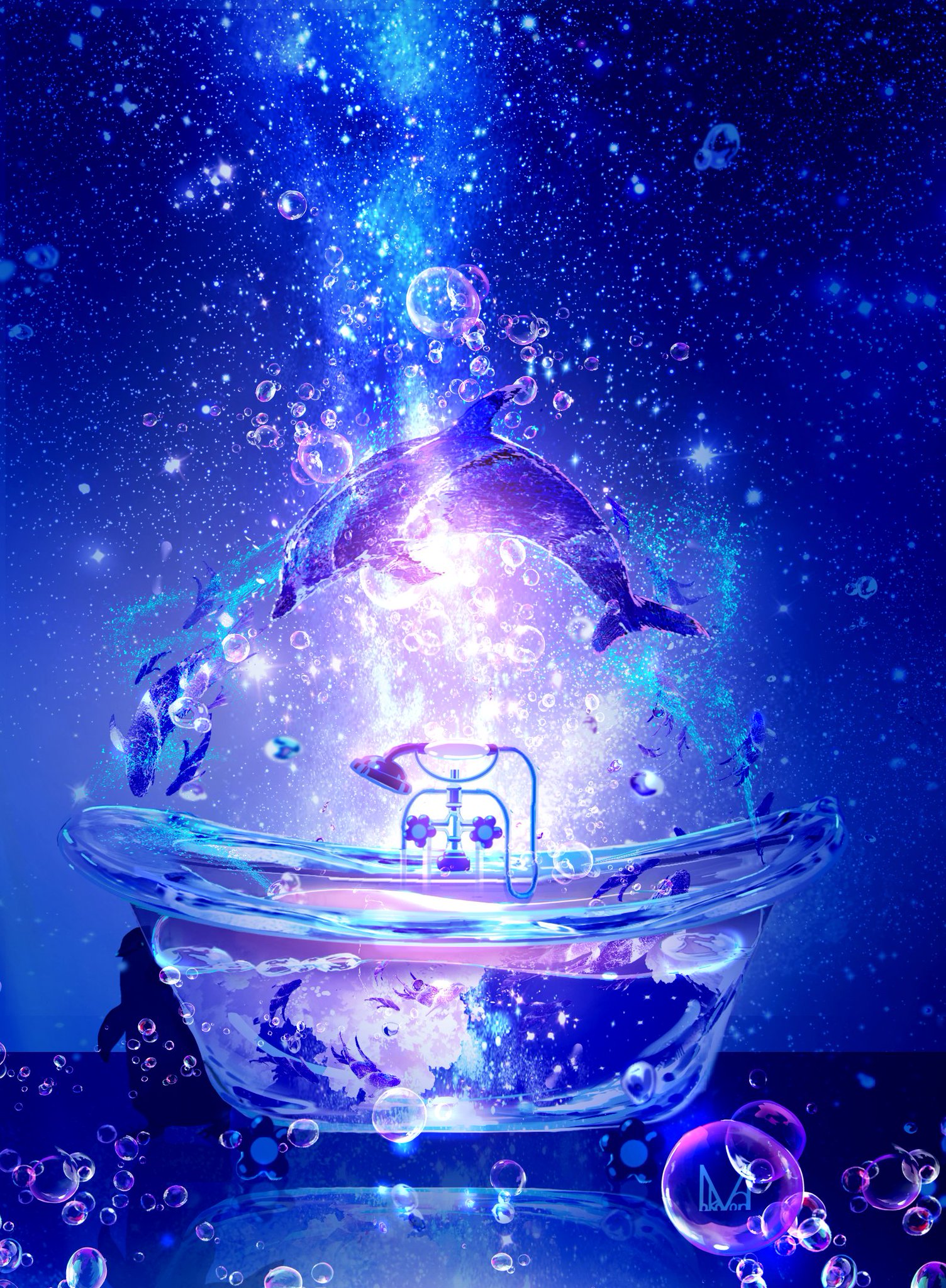 makoron117117, original, commentary request, highres, bubble, cool colored, dolphin, no humans, sky, star (sky), starry sky, surreal